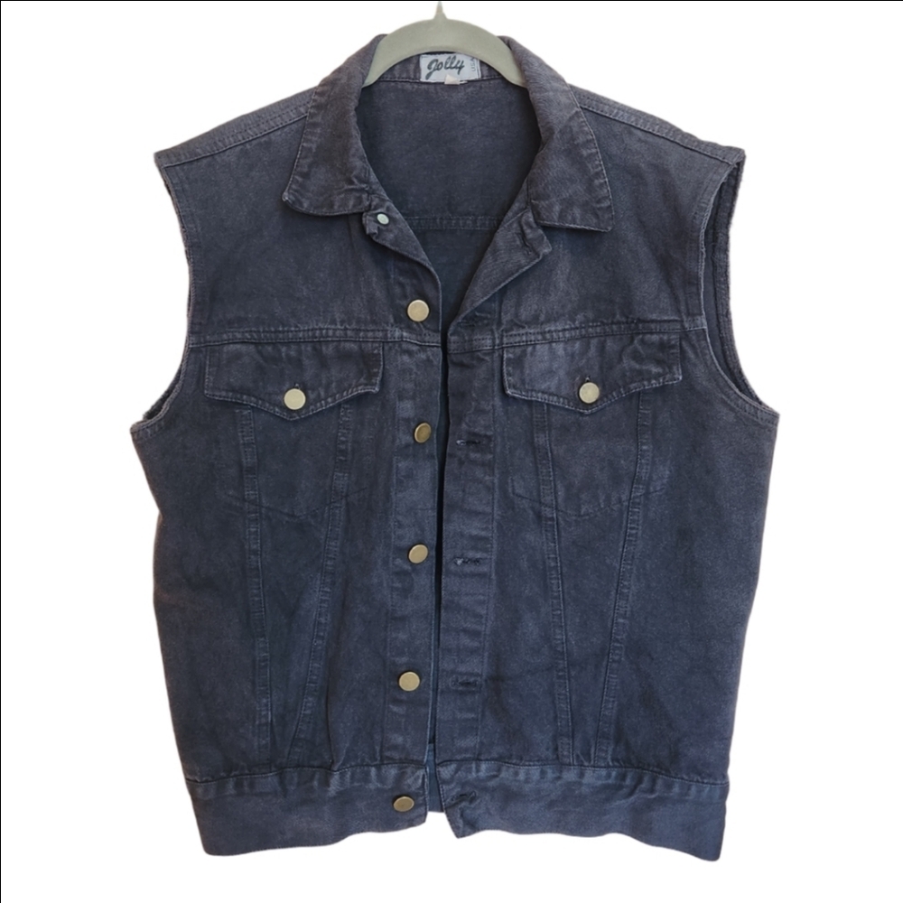 JOLLY BLACK DENIM JEAN TRUCKER VEST SIZE LARGE EUC